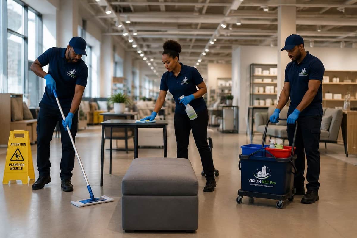 Équipe Vision Net Pro entretenant un espace commercial : lavage de plancher, désinfection des surfaces et chariot de service