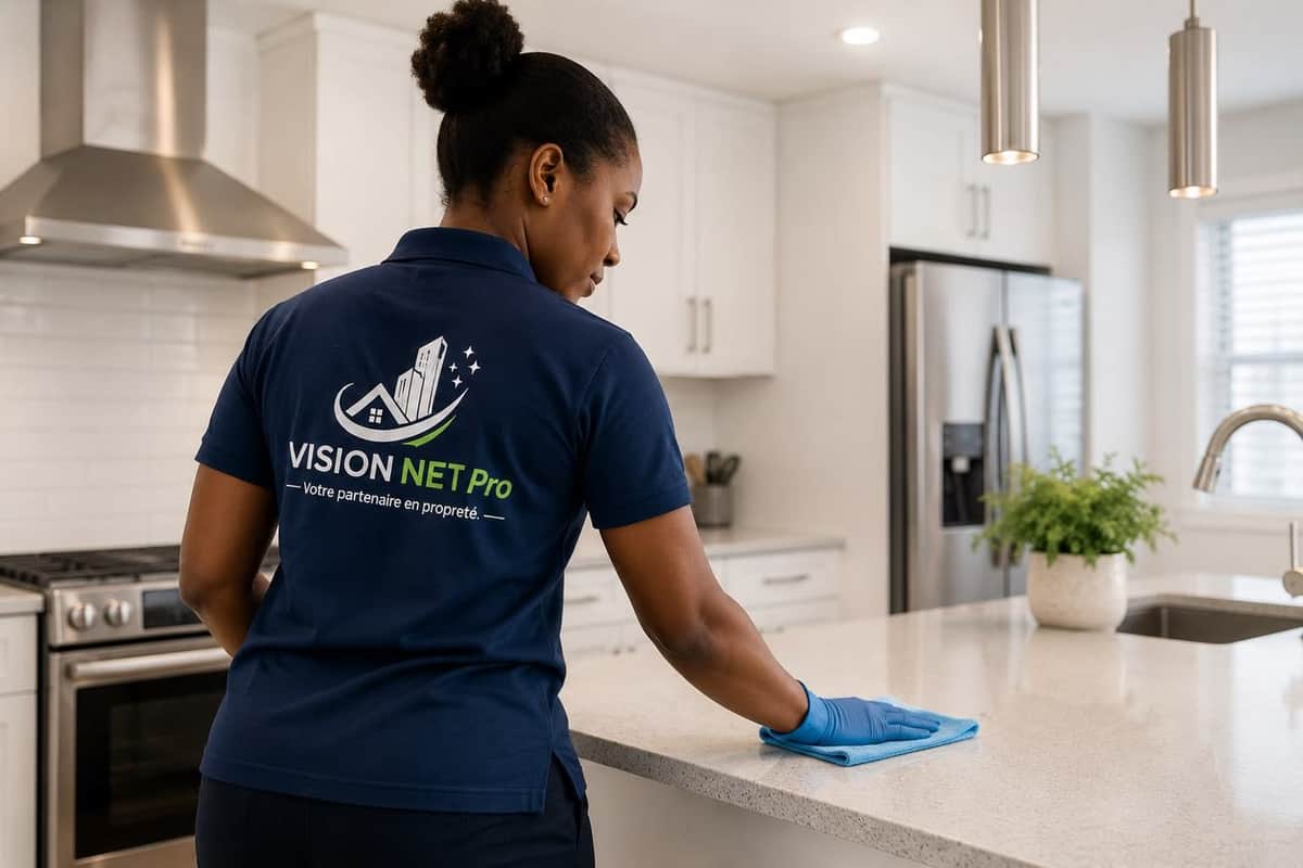 Employée Vision Net Pro nettoyant un comptoir de cuisine dans une résidence