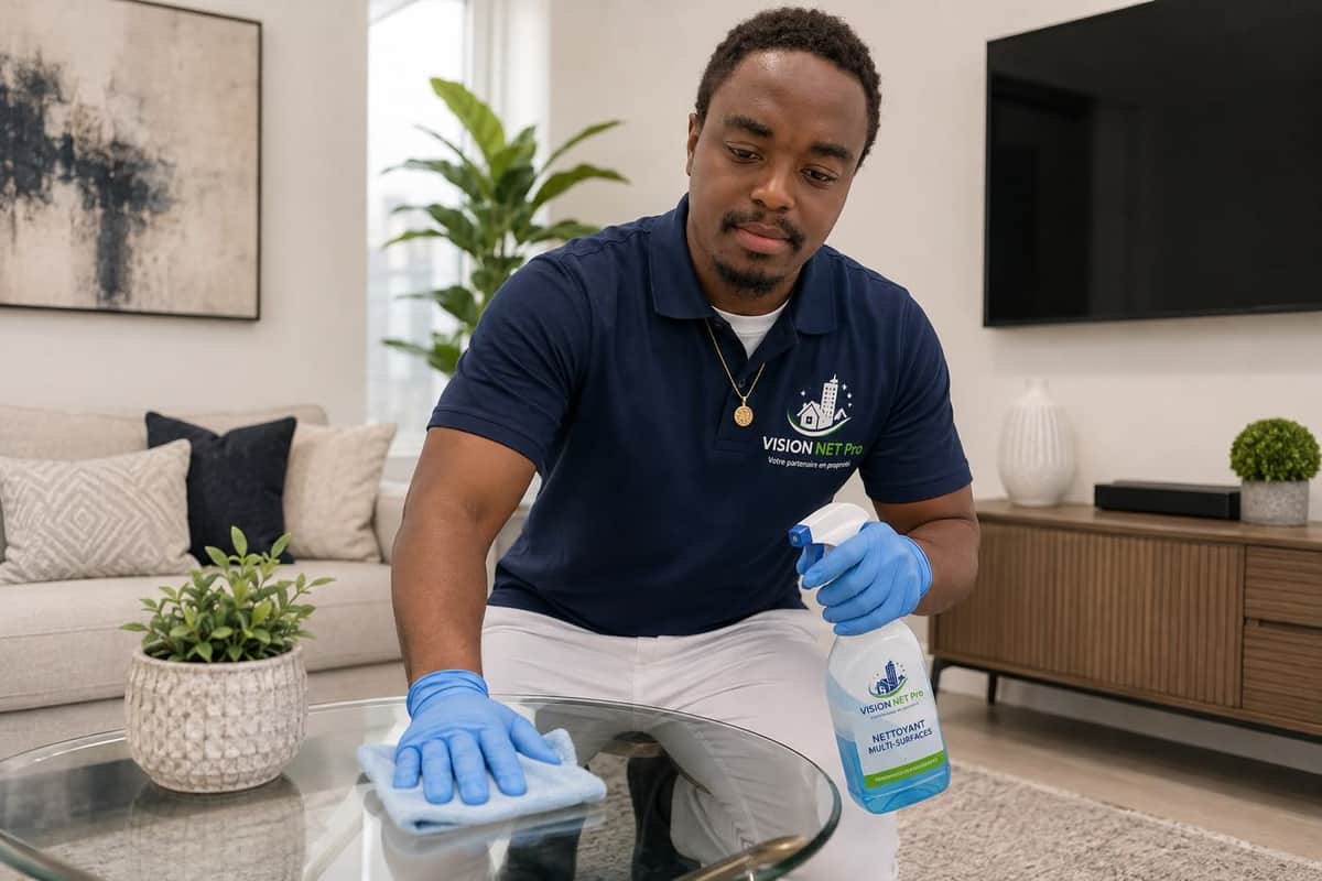 Employé Vision Net Pro nettoyant une table de salon en verre dans un salon résidentiel